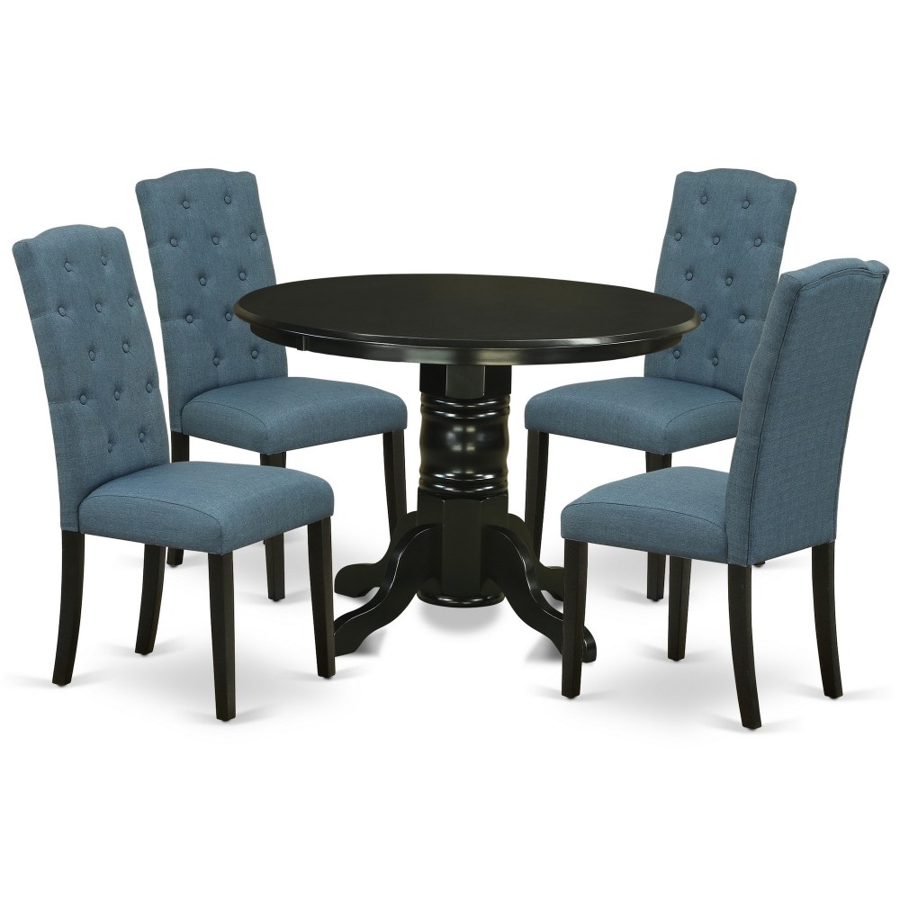 5Pc Dining Set, Round Room Table, Four Parson Chairs, Blue Fabric, Black Finish