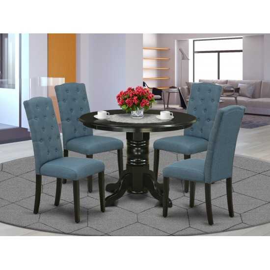 5Pc Dining Set, Round Room Table, Four Parson Chairs, Blue Fabric, Black Finish