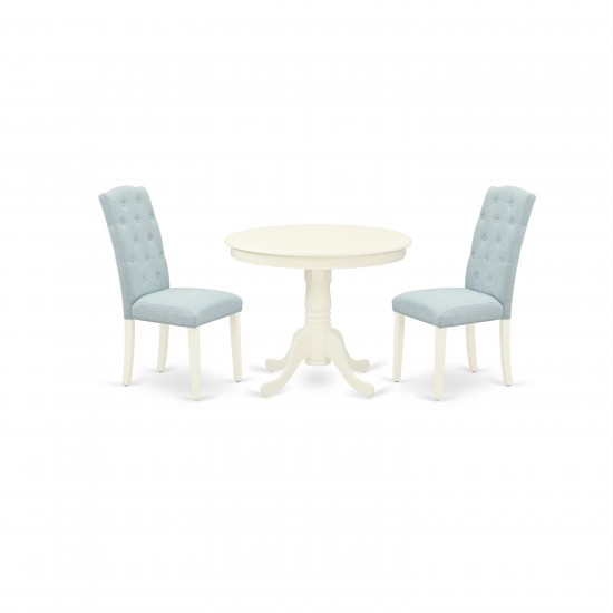 3Pc Dinette Set, Small Rounded Kitchen Table, Two Parson Chairs, Baby Blue Fabric, Linen White Finish