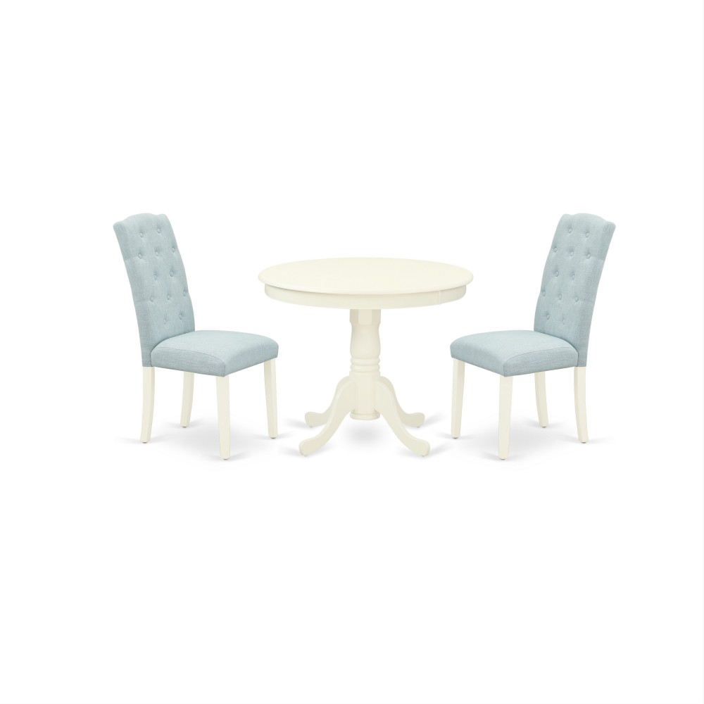 3Pc Dinette Set, Small Rounded Kitchen Table, Two Parson Chairs, Baby Blue Fabric, Linen White Finish