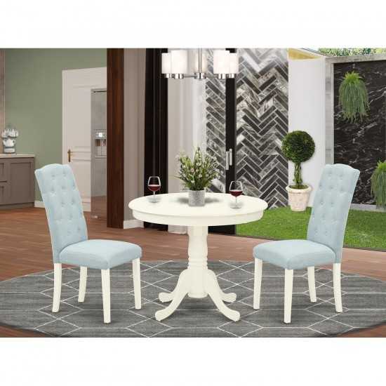 3Pc Dinette Set, Small Rounded Kitchen Table, Two Parson Chairs, Baby Blue Fabric, Linen White Finish