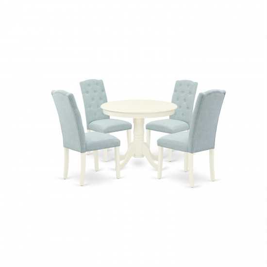5Pc Dining Set, Small Round Dinette Table, Four Parson Chairs, Baby Blue Fabric, Linen White Finish
