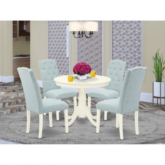 5Pc Dining Set, Small Round Dinette Table, Four Parson Chairs, Baby Blue Fabric, Linen White Finish