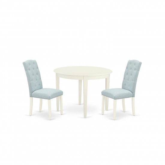 3Pc Dinette Set, Small Rounded Kitchen Table, Two Parson Chairs, Baby Blue Fabric, White Finish