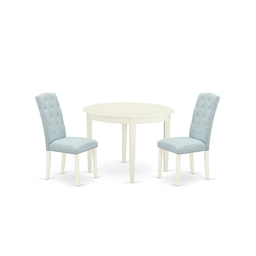 3Pc Dinette Set, Small Rounded Kitchen Table, Two Parson Chairs, Baby Blue Fabric, White Finish