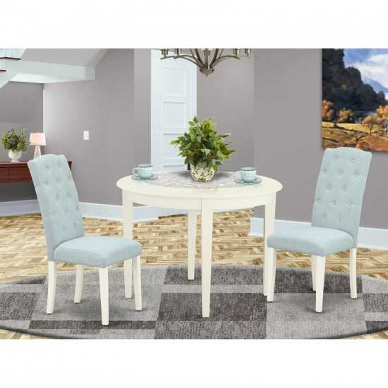 3Pc Dinette Set, Small Rounded Kitchen Table, Two Parson Chairs, Baby Blue Fabric, White Finish