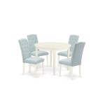 5Pc Dining Set, Small Round Dinette Table, Four Parson Chairs, Baby Blue Fabric, White Finish