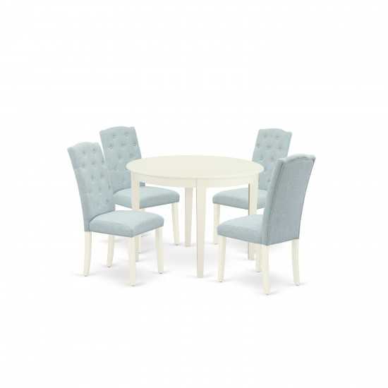 5Pc Dining Set, Small Round Dinette Table, Four Parson Chairs, Baby Blue Fabric, White Finish