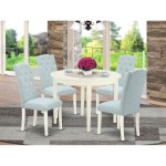 5Pc Dining Set, Small Round Dinette Table, Four Parson Chairs, Baby Blue Fabric, White Finish