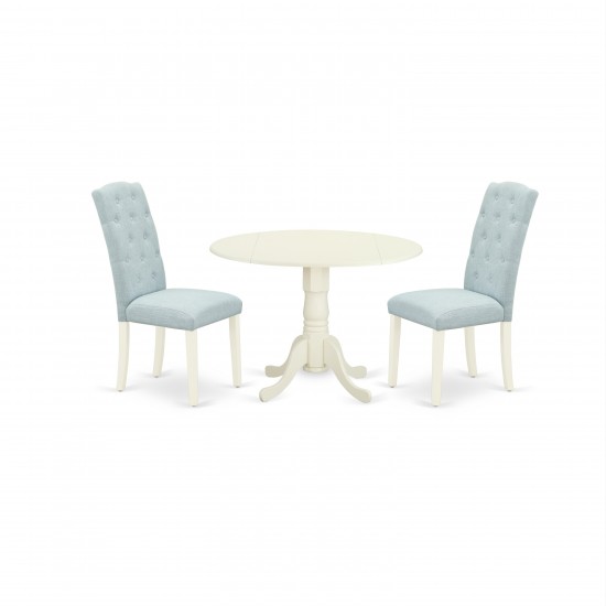 3Pc Dinette Set, Small Rounded Kitchen Table, Drop Leaves, Two Parson Chairs, Baby Blue Fabric, White