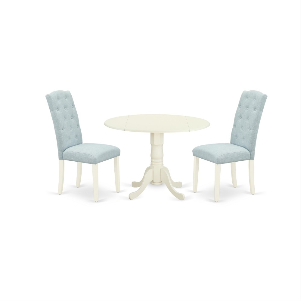 3Pc Dinette Set, Small Rounded Kitchen Table, Drop Leaves, Two Parson Chairs, Baby Blue Fabric, White