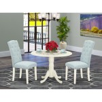 3Pc Dinette Set, Small Rounded Kitchen Table, Drop Leaves, Two Parson Chairs, Baby Blue Fabric, White