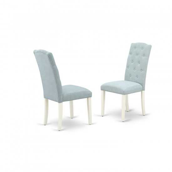 3Pc Dinette Set, Small Rounded Kitchen Table, Drop Leaves, Two Parson Chairs, Baby Blue Fabric, White