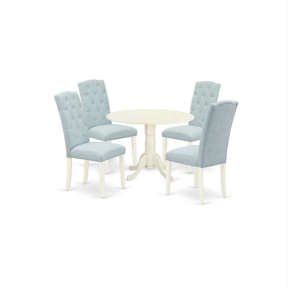 5Pc Dining Set, Small Round Dinette Table, Drop Leaves, Four Parson Chairs, Baby Blue Fabric, White