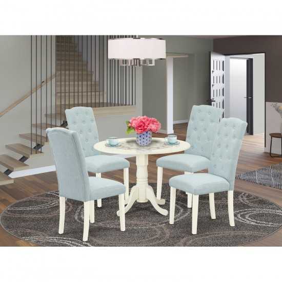 5Pc Dining Set, Small Round Dinette Table, Drop Leaves, Four Parson Chairs, Baby Blue Fabric, White