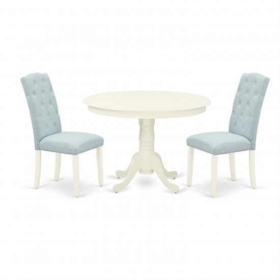 3Pc Dinette Set, Rounded Kitchen Table, Two Parson Chairs, Baby Blue Fabric, Linen White Finish