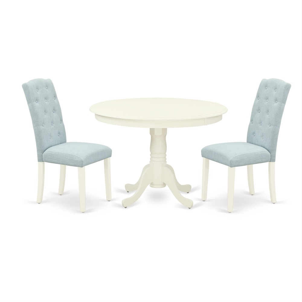 3Pc Dinette Set, Rounded Kitchen Table, Two Parson Chairs, Baby Blue Fabric, Linen White Finish