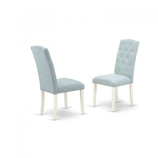 3Pc Dinette Set, Rounded Kitchen Table, Two Parson Chairs, Baby Blue Fabric, Linen White Finish