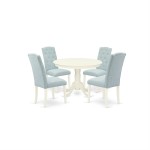 5Pc Dining Set, Round Dinette Table, Four Parson Chairs, Baby Blue Fabric, Linen White Finish