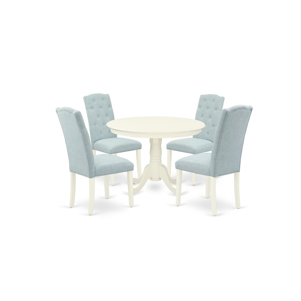 5Pc Dining Set, Round Dinette Table, Four Parson Chairs, Baby Blue Fabric, Linen White Finish