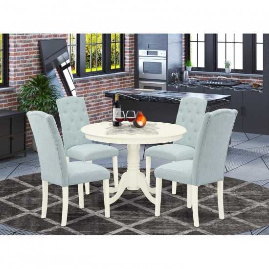 5Pc Dining Set, Round Dinette Table, Four Parson Chairs, Baby Blue Fabric, Linen White Finish