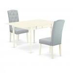 3Pc Dining Set, Wood Table, 2 Upholstered Chairs, Baby Blue Color, Drop Leaf Table, Linen White