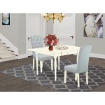 3Pc Dining Set, Wood Table, 2 Upholstered Chairs, Baby Blue Color, Drop Leaf Table, Linen White