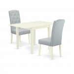 Wooden Dining Set 3 Pc, Two Parson Chairs, Wood Table, Linen White Finish Wood, Baby Blue Color