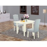 Wooden Dining Set 3 Pc, Two Parson Chairs, Wood Table, Linen White Finish Wood, Baby Blue Color