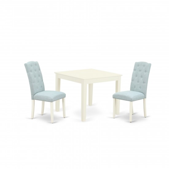 3Pc Dinette Set, Square Kitchen Table, Two Parson Chairs, Baby Blue Fabric, Linen White Finish