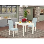 3Pc Dinette Set, Square Kitchen Table, Two Parson Chairs, Baby Blue Fabric, Linen White Finish