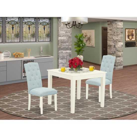 3Pc Dinette Set, Square Kitchen Table, Two Parson Chairs, Baby Blue Fabric, Linen White Finish