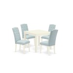 5Pc Dining Set, Square Dinette Table, Four Parson Chairs, Baby Blue Fabric, Linen White Finish