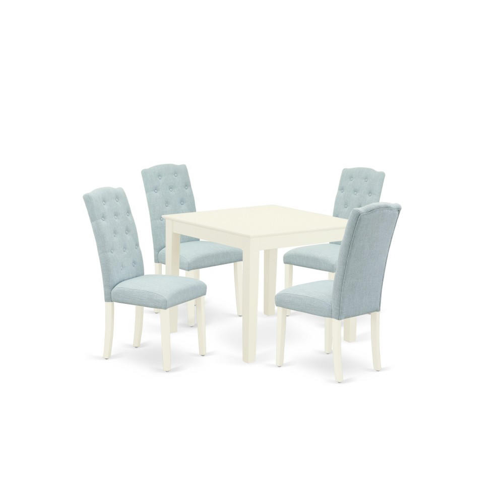 5Pc Dining Set, Square Dinette Table, Four Parson Chairs, Baby Blue Fabric, Linen White Finish