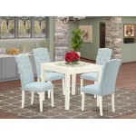 5Pc Dining Set, Square Dinette Table, Four Parson Chairs, Baby Blue Fabric, Linen White Finish