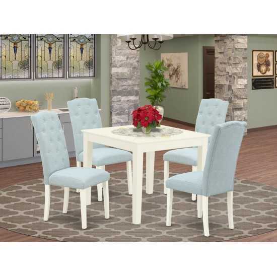 5Pc Dining Set, Square Dinette Table, Four Parson Chairs, Baby Blue Fabric, Linen White Finish