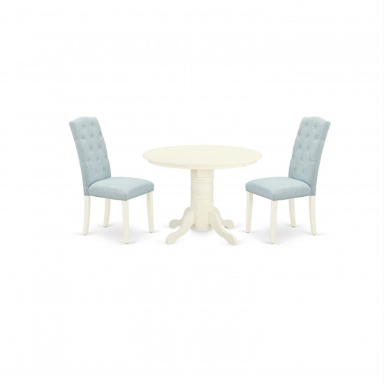 3Pc Dinette Set, Round Dining Table, Two Parson Chairs, Baby Blue Fabric, White Finish