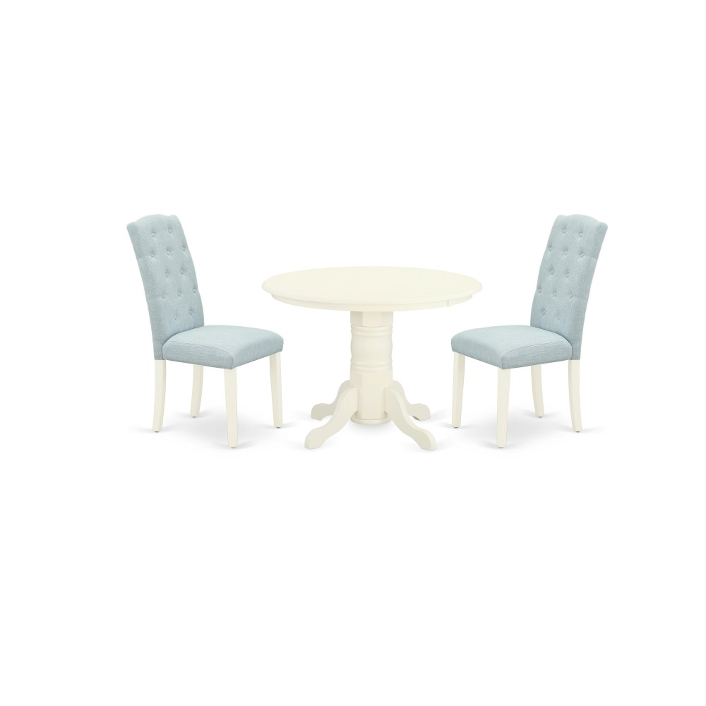 3Pc Dinette Set, Round Dining Table, Two Parson Chairs, Baby Blue Fabric, White Finish