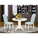 3Pc Dinette Set, Round Dining Table, Two Parson Chairs, Baby Blue Fabric, White Finish