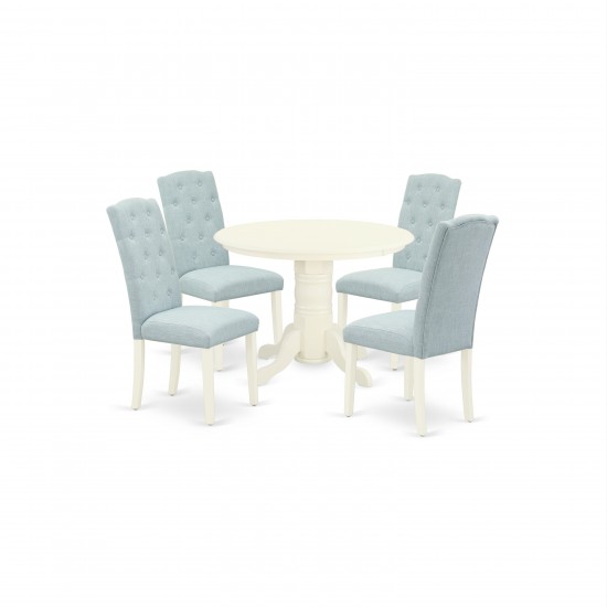 5Pc Dining Set, Round Table, Four Parson Chairs, Baby Blue Fabric, White Finish