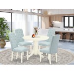 5Pc Dining Set, Round Table, Four Parson Chairs, Baby Blue Fabric, White Finish