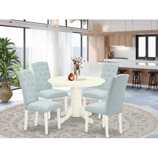 5Pc Dining Set, Round Table, Four Parson Chairs, Baby Blue Fabric, White Finish