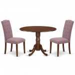 3Pc Dinette Set, Small Rounded Kitchen Table, Drop Leaves, Two Parson Chairs, Dahlia Fabric, Mahogany