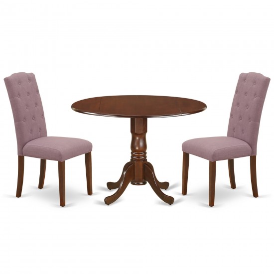 3Pc Dinette Set, Small Rounded Kitchen Table, Drop Leaves, Two Parson Chairs, Dahlia Fabric, Mahogany