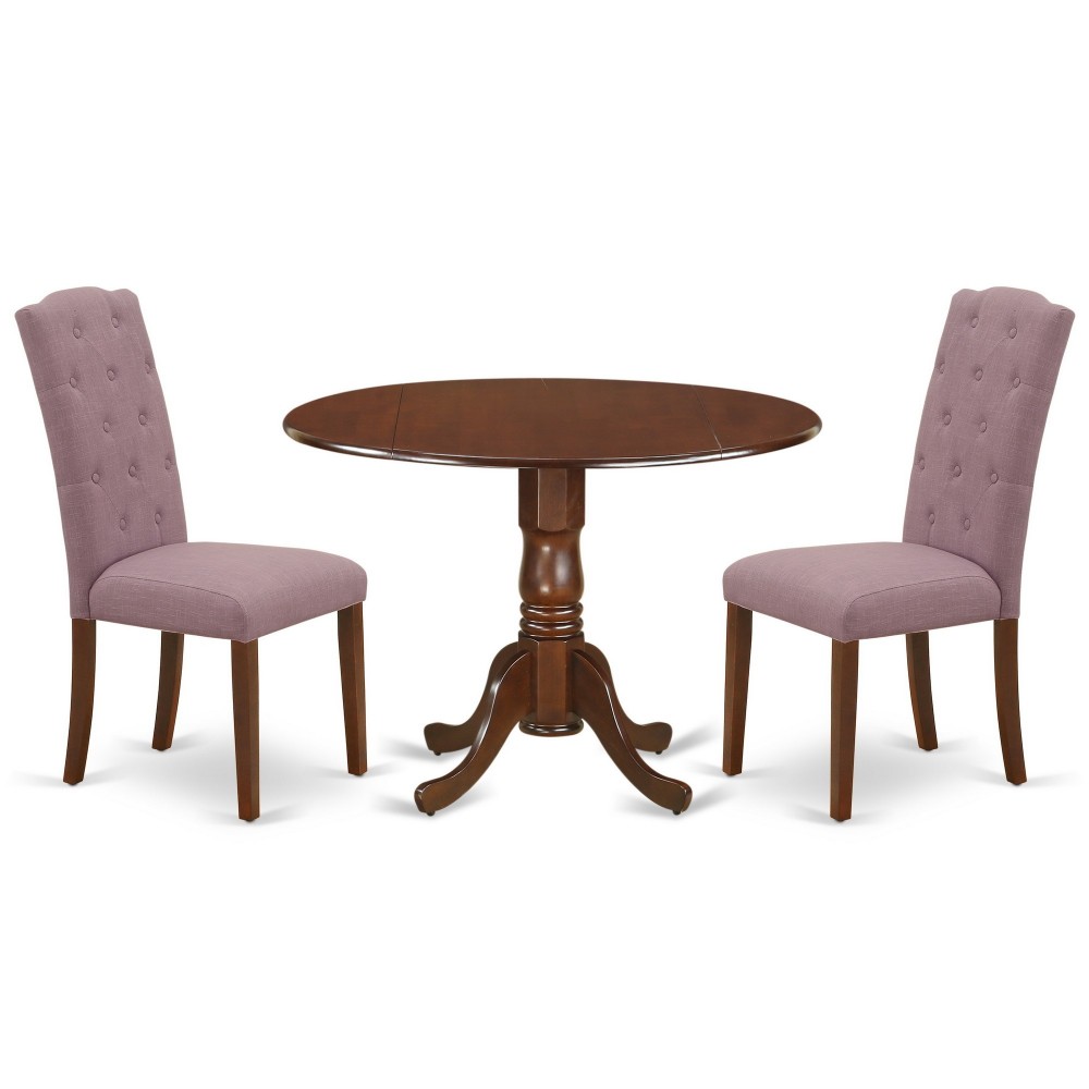 3Pc Dinette Set, Small Rounded Kitchen Table, Drop Leaves, Two Parson Chairs, Dahlia Fabric, Mahogany