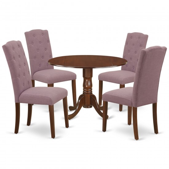 5Pc Dining Set, Small Round Dinette Table, Drop Leaves, Four Parson Chairs, Dahlia Fabric, Mahogany