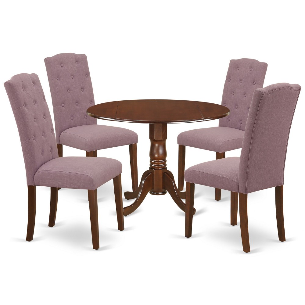 5Pc Dining Set, Small Round Dinette Table, Drop Leaves, Four Parson Chairs, Dahlia Fabric, Mahogany 5Pc Dining Set, Small Round Dinette Table, Drop Leaves, Four Parson Chairs, Dahlia Fabric, Mahogany