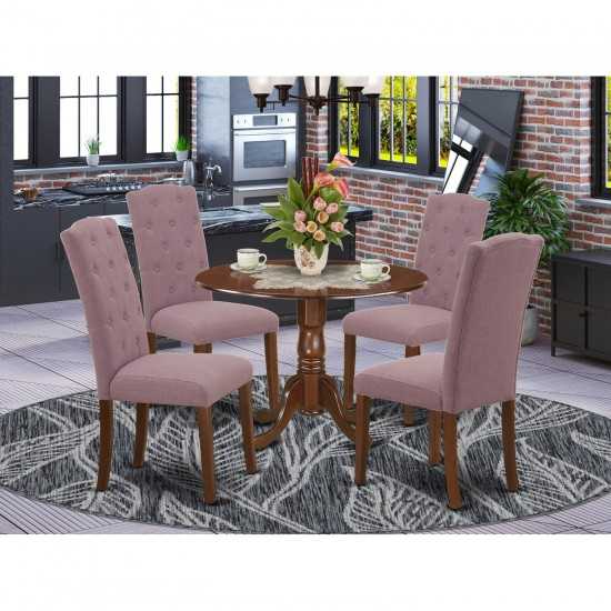 5Pc Dining Set, Small Round Dinette Table, Drop Leaves, Four Parson Chairs, Dahlia Fabric, Mahogany