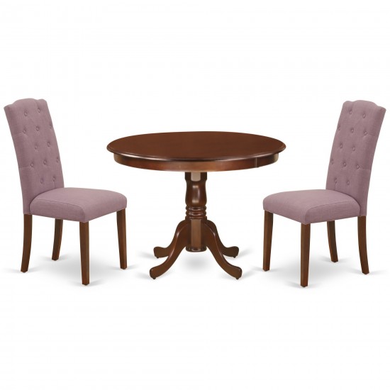 3Pc Dinette Set, Rounded Kitchen Table, Two Parson Chairs, Dahlia Fabric, Mahogany Finish