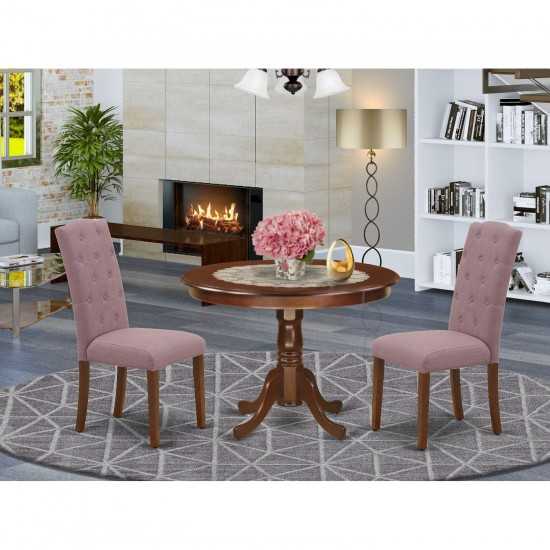 3Pc Dinette Set, Rounded Kitchen Table, Two Parson Chairs, Dahlia Fabric, Mahogany Finish